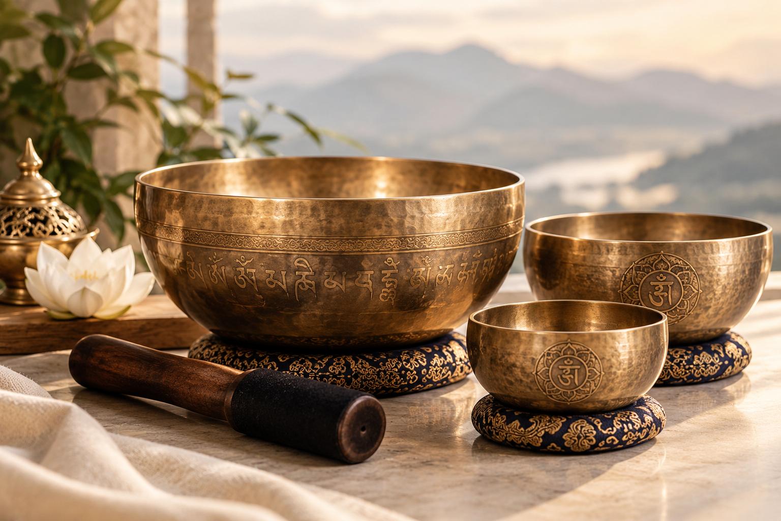 Hand-hammered Tibetan singing bowls with engraved mantras on brocade cushions with a wooden mallet, for singing bowl training and sound healing in Chiang Mai